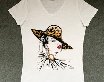 Vrouw Gezicht T-shirt, Hand Geverfd T-shirt, Stijlvolle Vrouw, Geschilderde Vrouw, Vogue Tshirt, Fashion Top, Zomer Top, Fashion Chic T-shirt