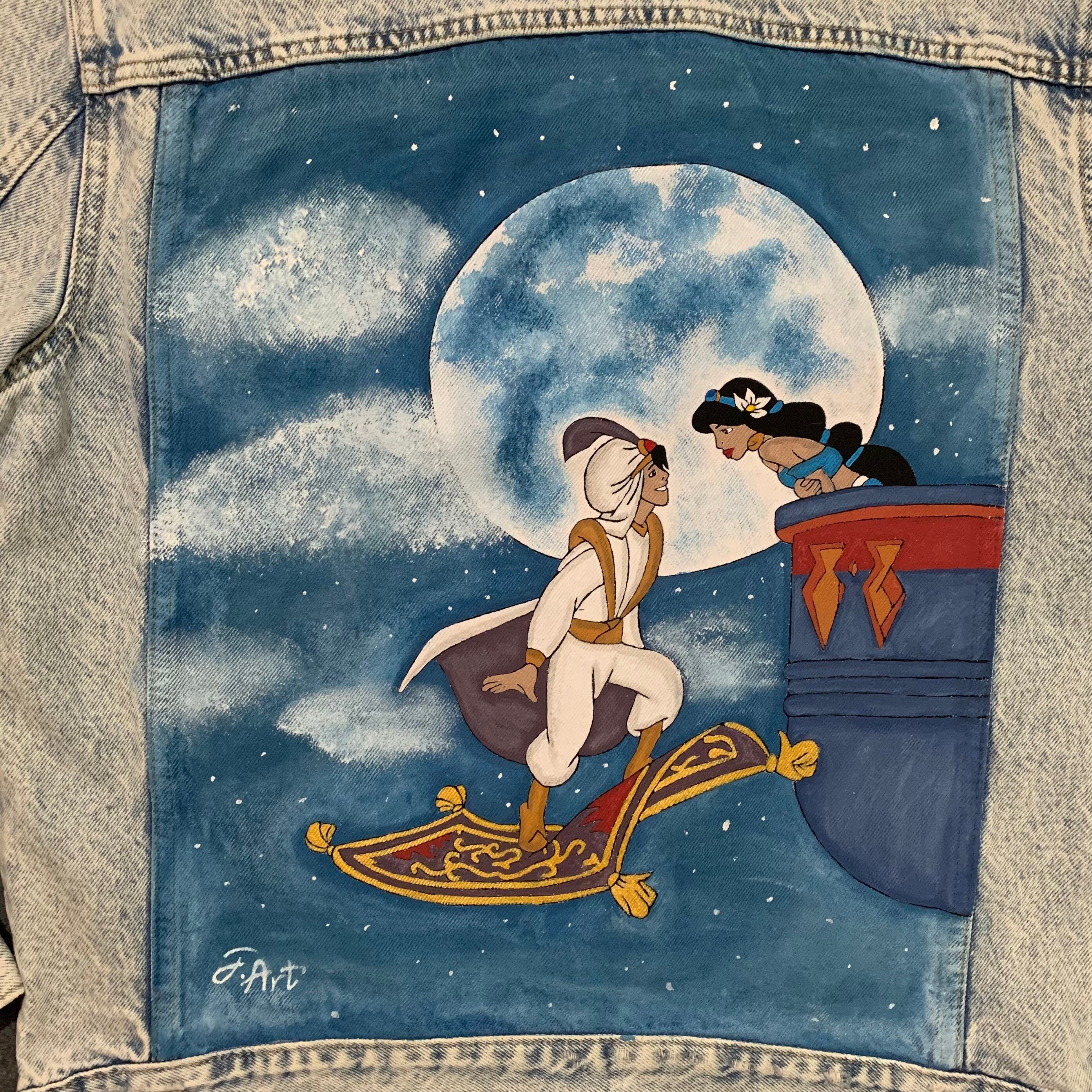 Hand Painted Oversized Disney Aladdin Custom Denim Jacket Aladdin and Jasmine in Love Sky Blue Jacket Fairytale Handpainted Jean Jacket Etsy