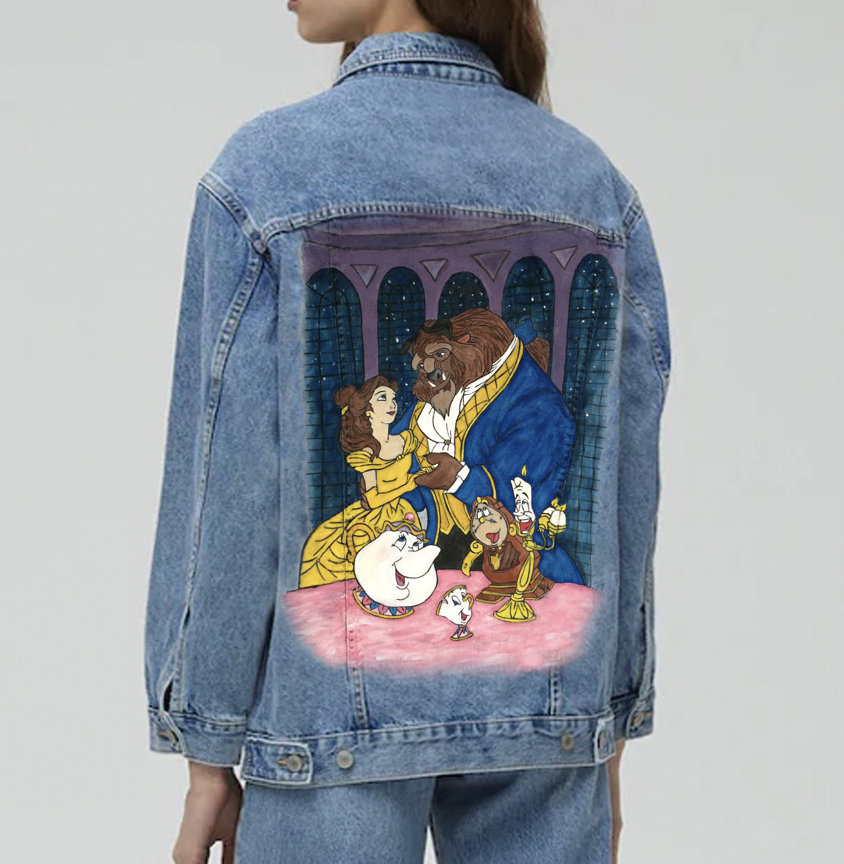 Hand Painted Mickey and Minnie Floral Bridal Jean Jacket