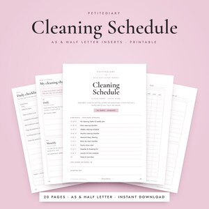 May include: A set of printable cleaning schedule planner inserts in A5 and half-letter sizes. The white pages feature black text, including titles like Cleaning Schedule, Daily Checklist, and My Cleaning Rhythm, organized with tables, lists, and lines for tracking household chores.
