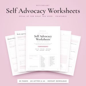 Könnte beinhalten: Ein Set aus druckbaren Arbeitsblättern zur Selbstvertretung von Petitediary, bestehend aus einer Titelseite und verschiedenen Formularen wie Arztbesuchsplanern. Die Dokumente sind in einer Fächeranordnung mit schwarzem Text dargestellt.