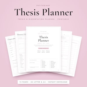 Op de afbeelding: Een printbare scriptieplanner met meerdere pagina's in een waaieropstelling. De centrale pagina bevat de tekst Thesis Planner, Research, Write, Submit en een lijst met secties waaronder Milestones, Chapters, Writing log, Literature, Supervision en Submission.