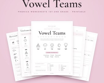 Vowel Teams Worksheets Printable, 1st 2nd Grade Phonics, ai ay ee ea oa, Reading PDF