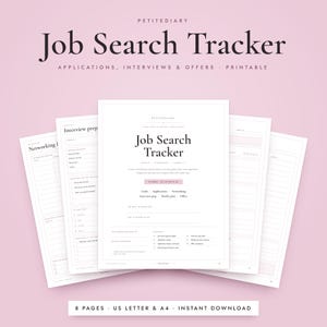 May include: A printable Job Search Tracker document set featuring multiple pages with sections for networking, interview preparation, applications, and offers. The pages include organized fields, checkboxes, and headings in a clean layout.