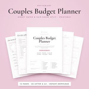 Op de afbeelding: Een printbare budgetplanner voor koppels met 14 pagina's in US Letter en A4-formaat. De witte pagina's bevatten zwarte tekst met koppen zoals Our Money Date, Fair-share Split en Joint Budget voor het bijhouden van gezamenlijke financiën.