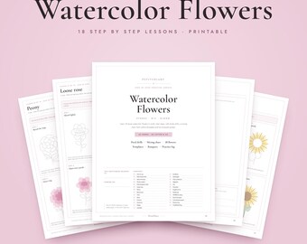 Watercolor Flowers Printable Practice Sheets, 18 Floral Painting Lessons, Beginner Tutorial Templates PDF