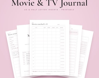 A5 Movie Journal Printable, Half Letter Inserts, TV Show Tracker, Film Review Log, Watchlist