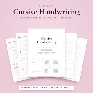 Op de afbeelding: Een set printbare oefenbladen voor cursief handschrift voor volwassenen, getiteld Petitediary Cursive Handwriting. De pagina's bevatten zwarte tekst op wit papier, inclusief secties voor kleine letters, hoofdletters, woorden, zinnen en een 30-dagenplan.