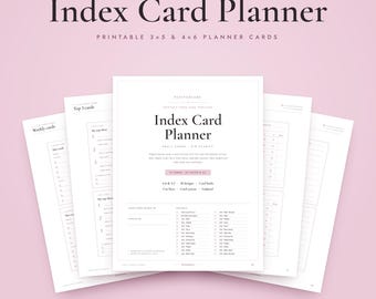 Puede incluir: Un conjunto de tarjetas de planificación imprimibles de 3x5 y 4x6 pulgadas. Las páginas blancas muestran texto negro, incluyendo encabezados como Weekly cards, Top 3 cards e Index Card Planner, con listas organizadas, casillas y líneas.