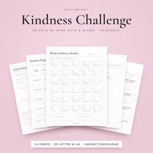 Può includere: Un set stampabile di sfida della gentilezza di 30 giorni che include diverse pagine con un calendario della gentilezza, registri giornalieri e schede bingo. I documenti sono bianchi con testo nero, incluso il titolo Kindness Challenge.