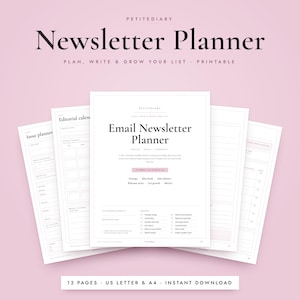 Puede incluir: Un planificador de boletines imprimible con varias páginas dispuestas en abanico. La página central se titula Email Newsletter Planner y enumera secciones para estrategia, ideas y crecimiento. Texto: 13 pages, US Letter & A4.