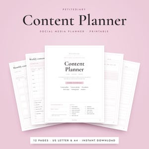May include: A printable content planner by Petitediary featuring multiple pages with black text on white paper. The cover page displays the title Content Planner, Plan Create Grow, and lists sections like content pillars, calendar, and analytics.