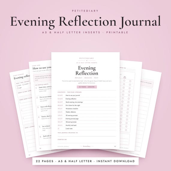 A5 Evening Reflection Journal Printable, Half Letter Inserts, Bedtime Gratitude Prompts, Wind Down Routine