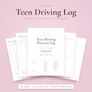 May include: A printable Teen Driving Log set featuring multiple pages with grids, checklists, and progress trackers. The central page is titled Teen Driving Practice Log and includes sections for hours, night hours, skills, and agreements in black text on white paper.
