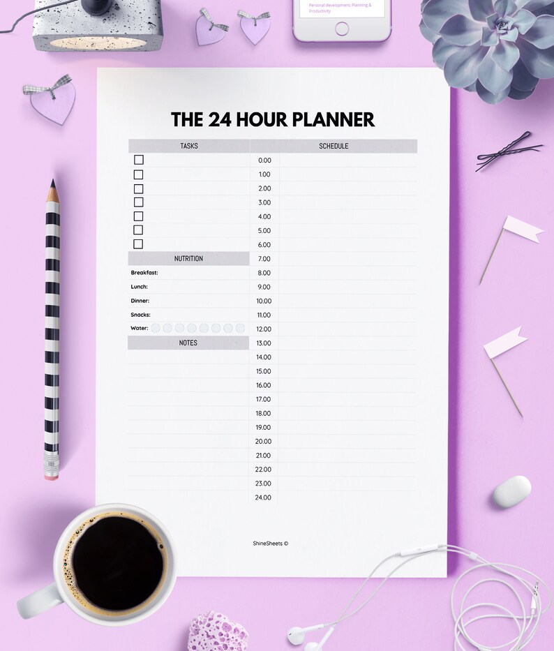 24 hour planner daily planner printable 24h daily etsy