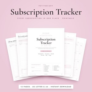Pode incluir: Um conjunto de planejador de rastreamento de assinaturas imprimível com várias páginas em papel branco, texto preto e detalhes em rosa suave. A capa exibe o título Subscription Tracker, com seções para listas de assinaturas, resumos de custos, renovações, testes gratuitos, auditorias e economias.