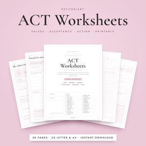 Peut inclure: Un ensemble de feuilles de travail ACT imprimables par Petitediary comprenant une page de titre et plusieurs pages internes avec des sections structurées pour les valeurs, l'acceptation et l'action, au format US Letter et A4.