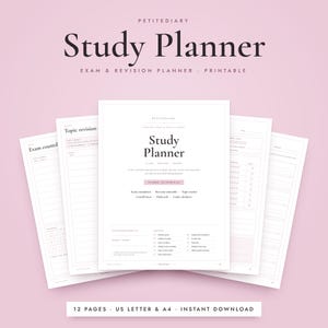 May include: A printable study planner set with a light pink background. The pages feature black text including Study Planner, Exam & Revision Planner, and sections for exam countdowns, topic revision, and grade calculation. The layout is clean.