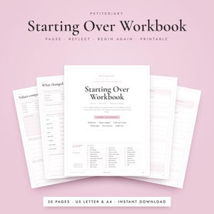 Könnte beinhalten: Ein druckbares Starting Over Workbook von Petitediary mit mehreren Seiten, die Checklisten, Reflexionsfragen und Planungsabschnitte enthalten. Das Deckblatt zeigt den Text Starting Over Workbook, Pause, Reflect, Begin Again und 30 Pages US Letter & A4.