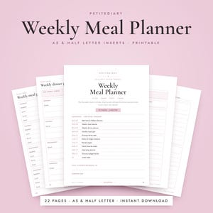 A5 Weekly Meal Planner Printable, Half Letter Inserts, Grocery List, Recipe Pages, Pantry Inventory