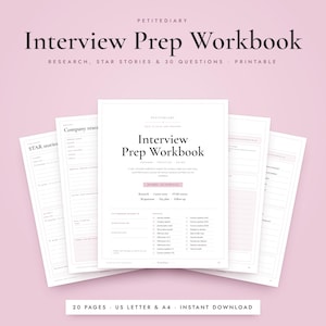 Może przedstawiać: Drukawalny zeszyt ćwiczeń do przygotowania do rozmowy kwalifikacyjnej na jasnoróżowym tle. Na okładce znajduje się tekst Interview Prep Workbook, Research, STAR Stories & 30 Questions. Kilka stron wewnętrznych jest rozłożonych, pokazując sekcje dotyczące badań firmy, historii STAR i list kontrolnych. Dolny tekst brzmi 20 PAGES US LETTER & A4 INSTANT DOWNLOAD.