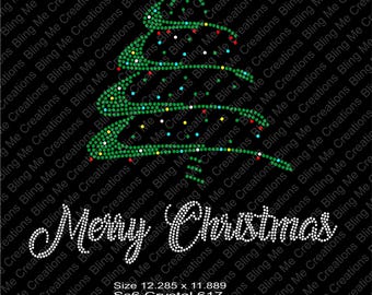 May include: A sparkling Christmas tree design with the words "Merry Christmas" in white rhinestones. The design includes green, red, blue, and white rhinestones. The size of the design is 12.285 inches by 11.889 inches.