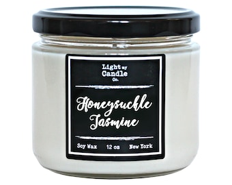 Honeysuckle Jasmine Soy Candles Handmade, Scented Candles, Floral Candles, Flower Scented 12 oz Jar Candle, All Natural