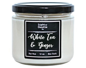 White Tea & Ginger Scented Soy Wax Candle, Bridesmaids Gift, Stress Relief, Spa, Zen, Gift For Her