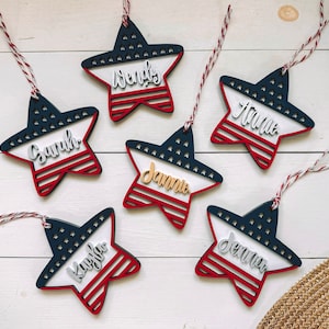 Custom USA Flag Star Name Tags - Laser Cut USA Star Tags - Gift Basket Tag - Custom Name Tags - 4th of July Decor - Custom Holiday Decor