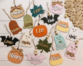 Custom Halloween Fall Gift Basket Tags - 3D Wooden Laser Cut Name Tags - Personalized Fall Gift Basket Tags - Halloween Spooky Basket Tags