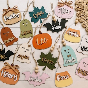 Custom Halloween/Fall Gift Basket Tags - 3D Wooden Laser Cut Name Tags - Personalized Fall Gift Basket Tags - Halloween Spooky Basket Tags