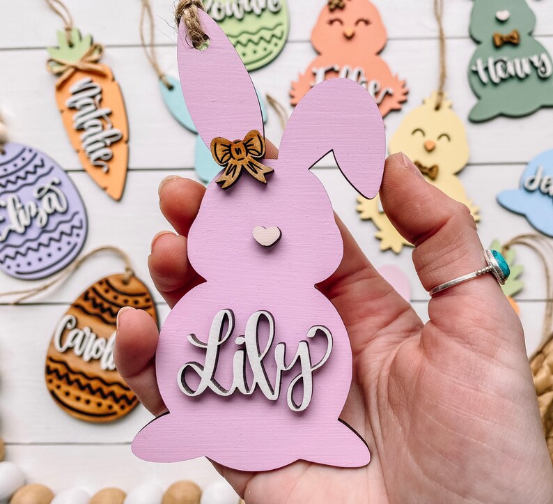 Personalized Easter Basket Tags Wood Laser Cut Easter Bunny Etsy