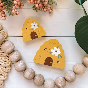 Cute Bee Hive Block - Hand Painted Wooden Bee Hive - Bee Decor - Chunky Wooden Block - Spring Decor - Bee Tiered Tray Decor - Cute Bee Hive