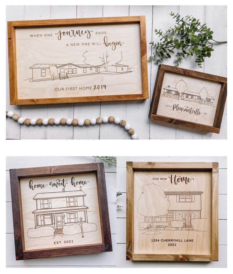 Puede incluir: Cuatro letreros de madera con ilustraciones de casas grabadas y texto. Los letreros presentan el texto "When one journey ends... a new one will begin... Our first home 2014", "1313 Pleasantville Rd", "home sweet home EST. 2021", y "Our new Home 1254 Cherryhill Lane 2021".