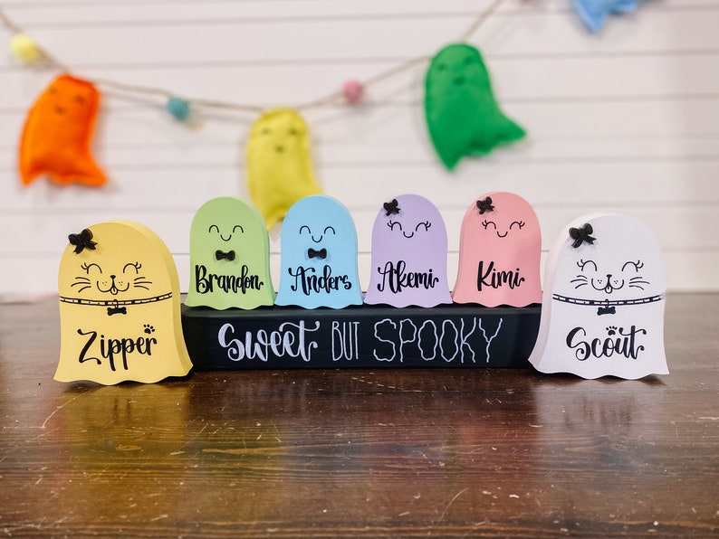 Pu&ograve; includere: Un set di sei figurine di fantasmi in legno con volti dipinti e nomi. I fantasmi sono di vari colori, tra cui giallo, verde, blu, viola, rosa e bianco. I fantasmi sono disposti su un cartello di lavagna nera che recita "Sweet But Spooky".