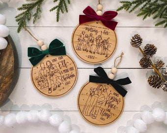 Custom Hand Drawn Portrait Outline Ornament - 4.5” Large Round Christmas Ornament - Laser Engraved Ornament - Custom Family Photo Ornament
