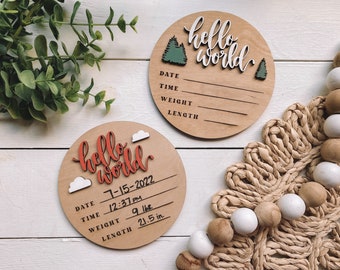 Letrero personalizado de madera redondo de 12,7 cm (5") para anunciar el nacimiento del bebé - Adorno para anuncio de nacimiento - Adorno/letrero personalizado con las medidas del bebé