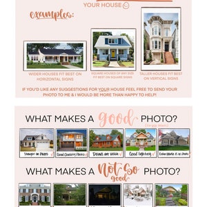Puede incluir: Una gu&iacute;a sobre c&oacute;mo tomar buenas fotos de tu casa para pedidos de letreros de casas personalizados. La gu&iacute;a muestra ejemplos de fotos buenas y malas, con consejos sobre c&oacute;mo tomar una foto de frente, asegurar una buena iluminaci&oacute;n y capturar toda la casa en la foto. Tambi&eacute;n muestra ejemplos de fotos que no son ideales, como las que tienen partes de la casa recortadas, caracter&iacute;sticas ocultas detr&aacute;s de los &aacute;rboles, poca luz, cubiertas de nieve o de baja calidad/borrosas.