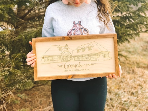Custom Hand Drawn House Sign - Wood Engraved House Portrait - Housewarming Gifts - Real Estate Gifts - New Home Gifts - Custom House Sign