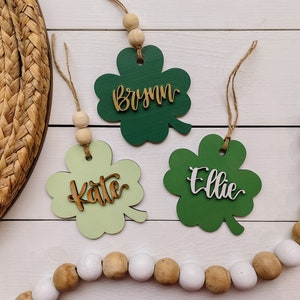 Personalized St. Patrick’s Day Tags - Wooden Laser Cut Name Tags - 4 Leaf Clover Tags - Shamrock Tags - Custom St. Patrick’s Day Decor Tags