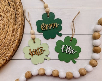 Personalized St. Patrick’s Day Tags - Wooden Laser Cut Name Tags - 4 Leaf Clover Tags - Shamrock Tags - Custom St. Patrick’s Day Decor Tags