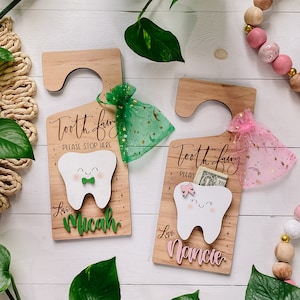 Custom Tooth Fairy Door Hanger - Personalized Wooden Tooth Fairy Sign - Laser Cut Tooth Fairy Money Holder - Door Hanger with Money Slot