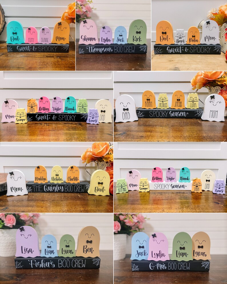 Pu&ograve; includere: Un set di dieci decorazioni di fantasmi di Halloween con nomi e frasi diverse. I fantasmi sono dipinti in vari colori pastello e hanno occhi e bocche neri. I fantasmi sono disposti in fila su una base di legno nero con le parole "Sweet & Spooky", "Thompson's Boo Crew", "Spooky Season", "The Quigley Boo Crew", "Fisher's Boo Crew" e "G-Mais Boo Crew" scritte su di essi.