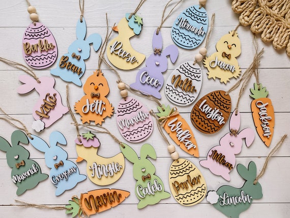 Personalized Easter Basket Tags - Wood Laser Cut Easter Bunny Tag - Easter Egg Tag - Easter Chick Tag - Easter Carrot Tag - Easter Name Tags