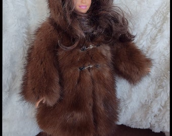 Hooded coat for Barbie doll in recycled natural mink fur