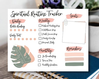 Puede incluir: Un "Rastreador de Rutina Espiritual" imprimible en blanco con encabezados para tareas diarias, semanales y mensuales. El diseño incluye una hoja de estilo acuarela y bloques de color pastel para metas y recordatorios. El rastreador está diseñado para ayudar a rastrear la lectura de la Biblia.
