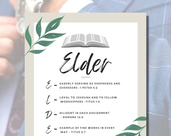 Może przedstawiać: Beżowy i biały plakat ze słowem "Elder" w czcionce skryptowej, z definicjami dla każdej litery. Zielone ilustracje liści zdobią rogi. Tło to rozmyte zdjęcie osoby w garniturze.
