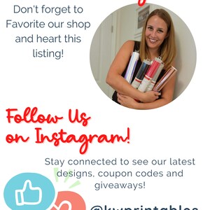 May include: White background with red text that says "Like this design?" and "Follow Us on Instagram!". A woman is holding several rolls of vinyl. The text encourages viewers to favorite the shop and heart the listing.