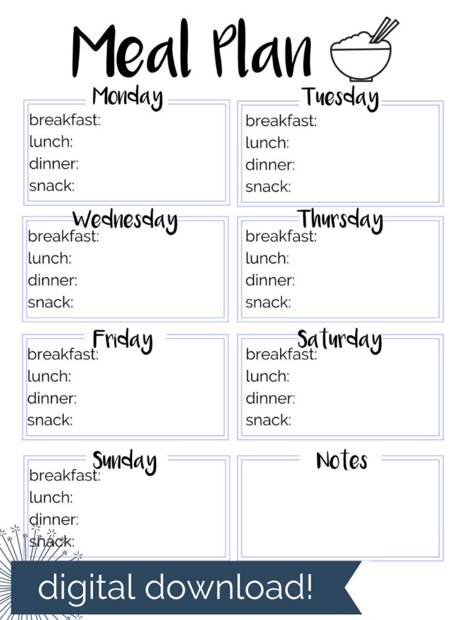 One Week Meal Planning Printable | Etsy