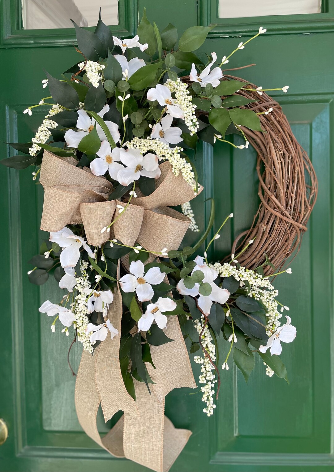 Farmhouse Dogwood Grapevine Wreath for Front Door, Silk Dogwood Wreath for Outdoors, Realistic
